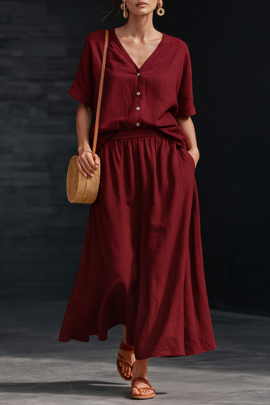 Women's Cotton-Linen V-Neck Button-Up Top & Long Skirt Set Wine Red