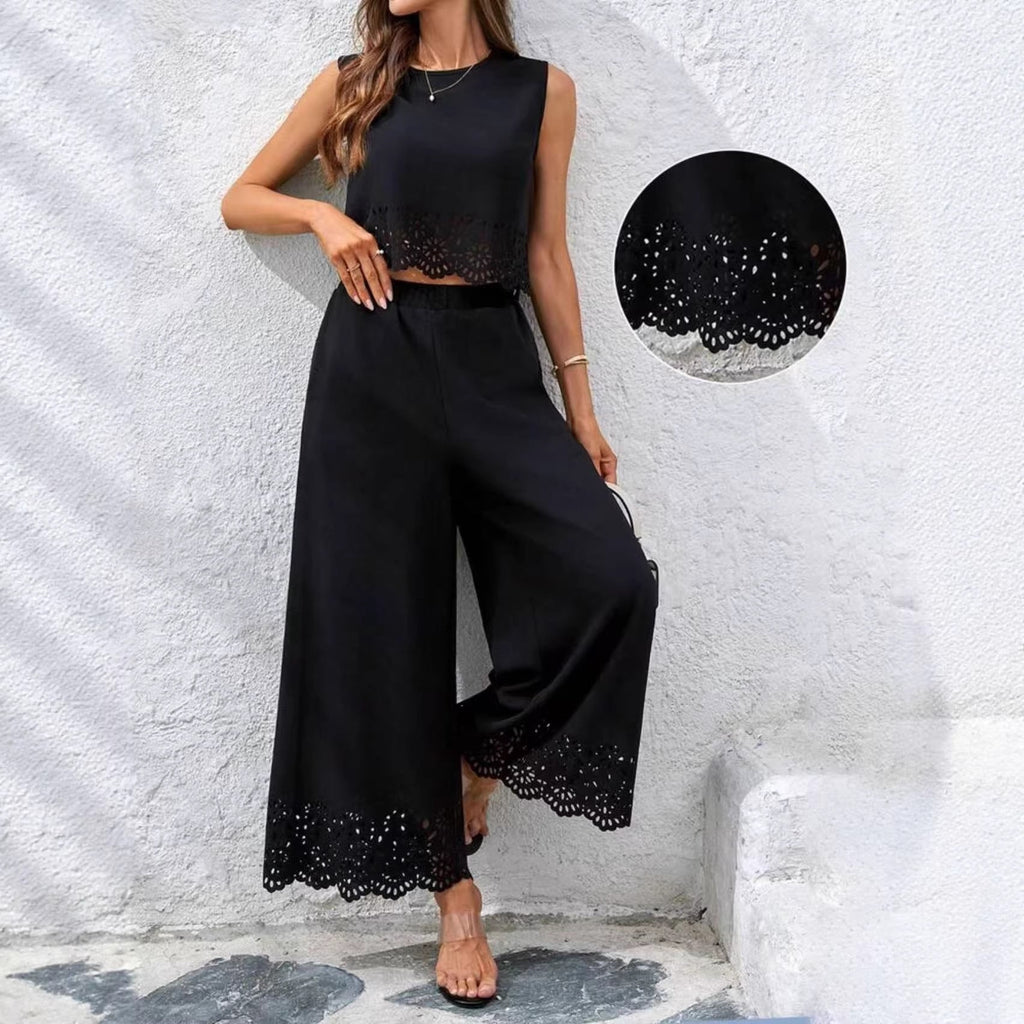 Women's Resort-Style Hollow-Out Tank Top & Pants Set – 2-Piece with Pockets Black