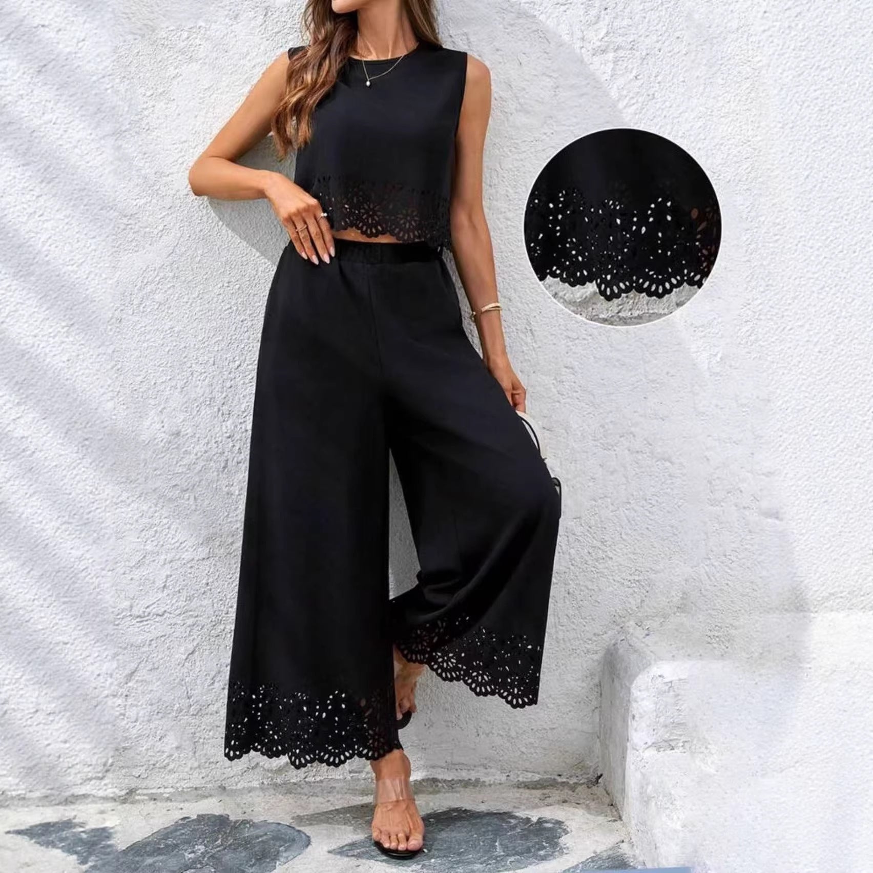 Women's Resort-Style Hollow-Out Tank Top & Pants Set – 2-Piece with Pockets Black