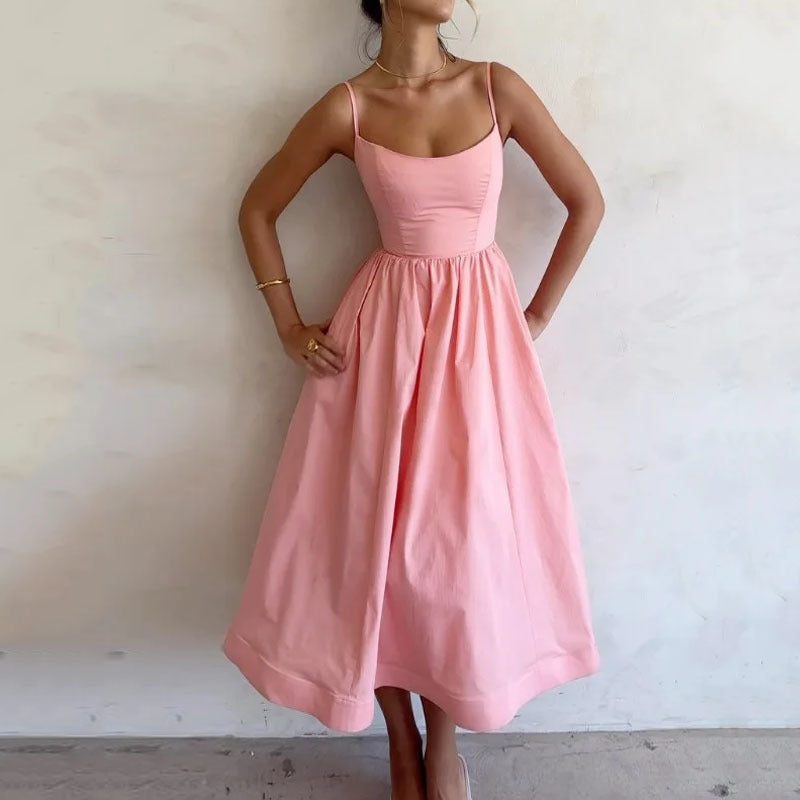 🌸 Women's Solid Color Printing Fresh Sweet Suspender Dress Pink