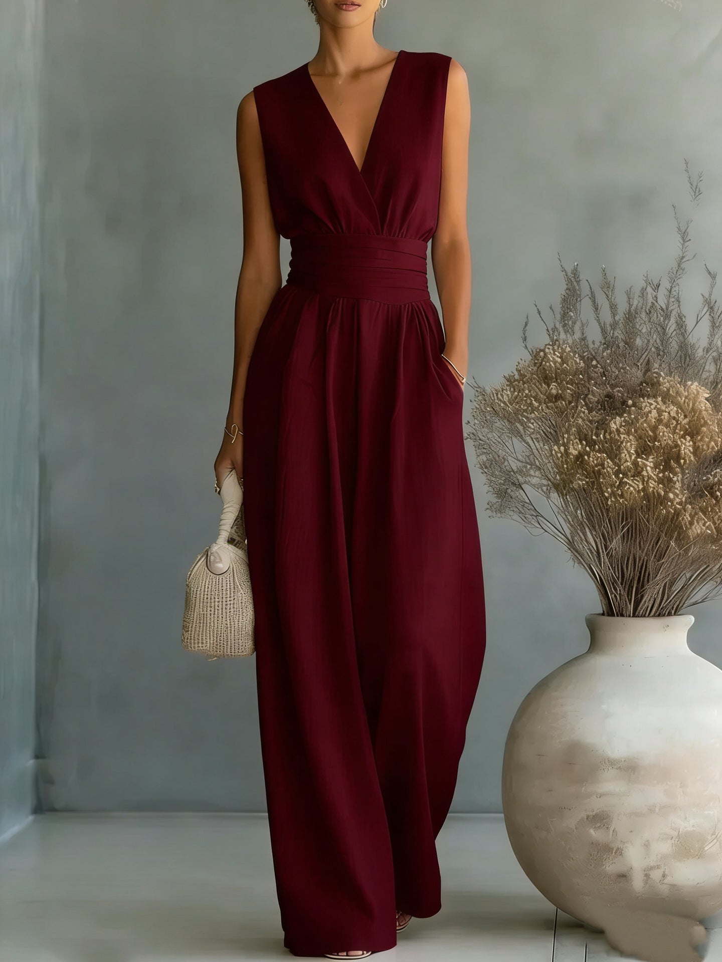 Women's Elegant V-Neck Sleeveless Jumpsuit – Waist-Cinching Straight Leg Wine Red