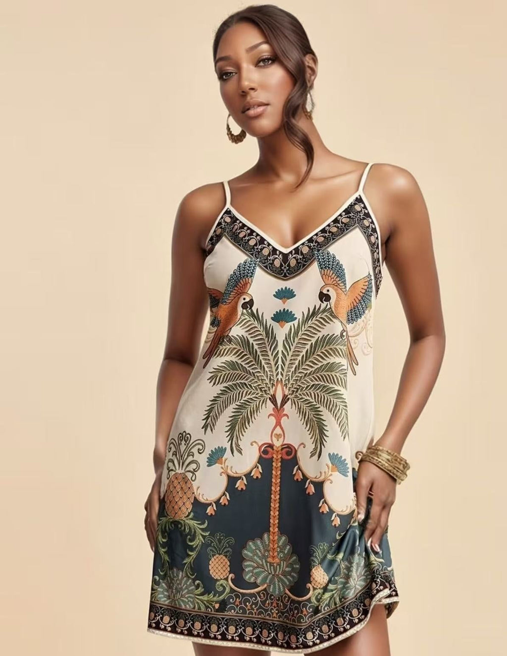 European and American-Style Tropical Print V-Neck Slip Dress Color