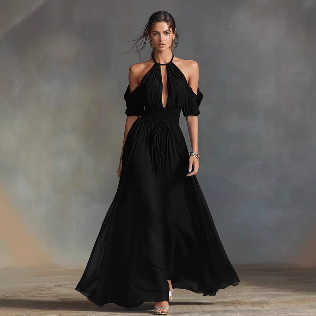 Solid-Color Halter Neck Midi Dress – 4 Colors, S–2XL Black
