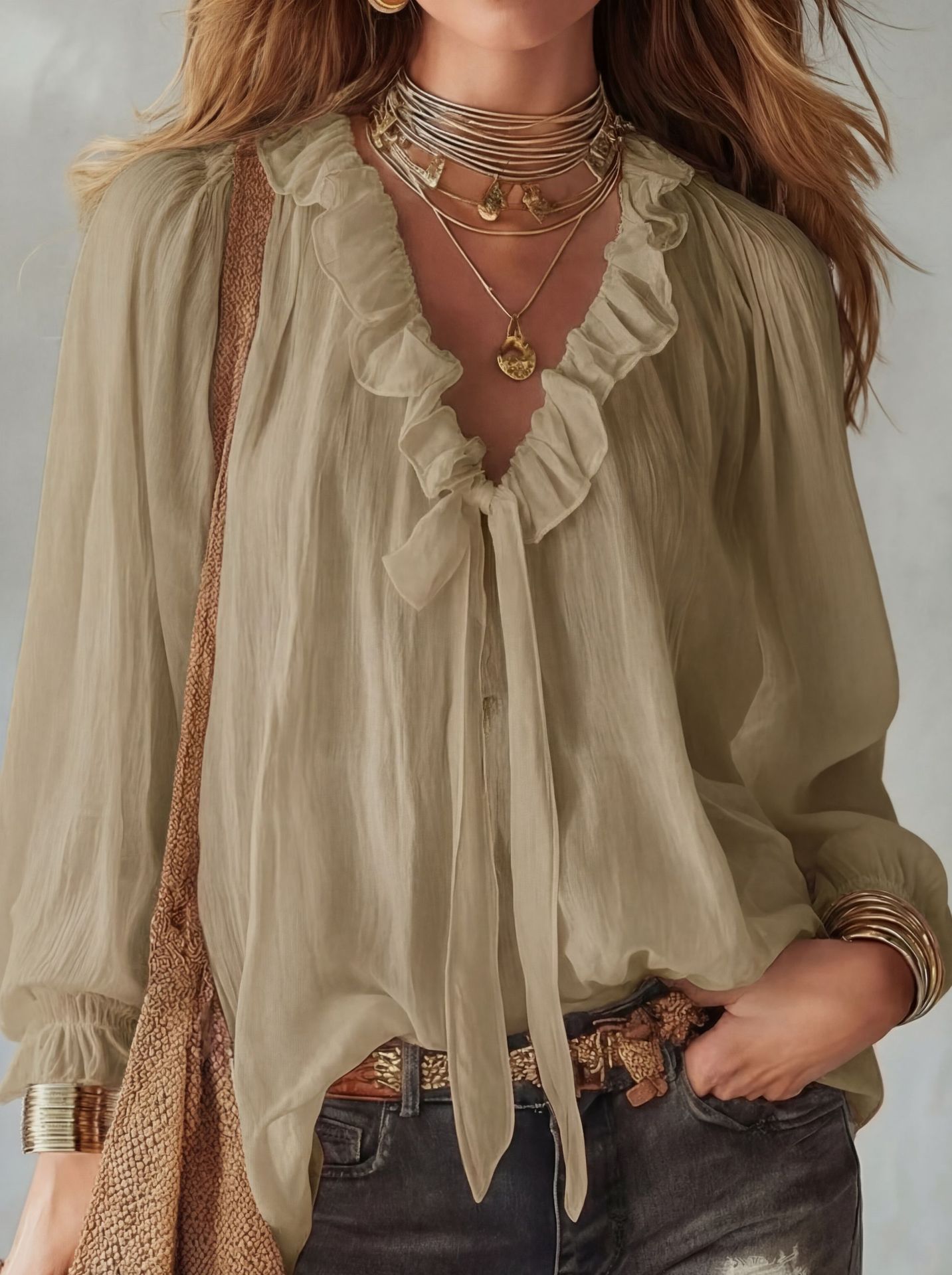 V-Neck Loose-Fit Shirt Top – No-Iron, 8 Colors Khaki