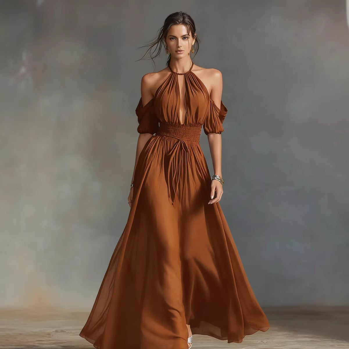 Solid-Color Halter Neck Midi Dress – 4 Colors, S–2XL Caramel Color