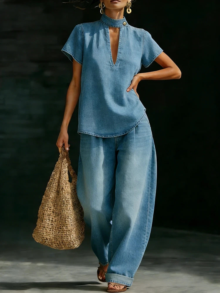 Faux Denim Two-Piece Set – Loose-Fit Short-Sleeve & Pants Light Blue