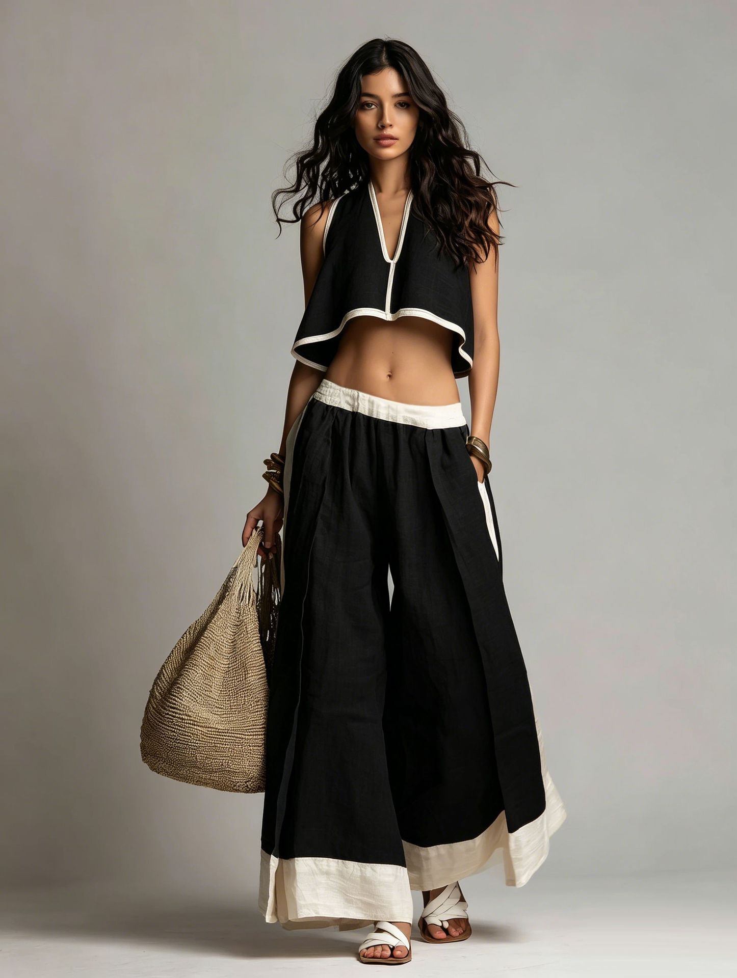Sleeveless V-Neck Two-Piece Set – Solid Color Lounge & Casual Outfit Black