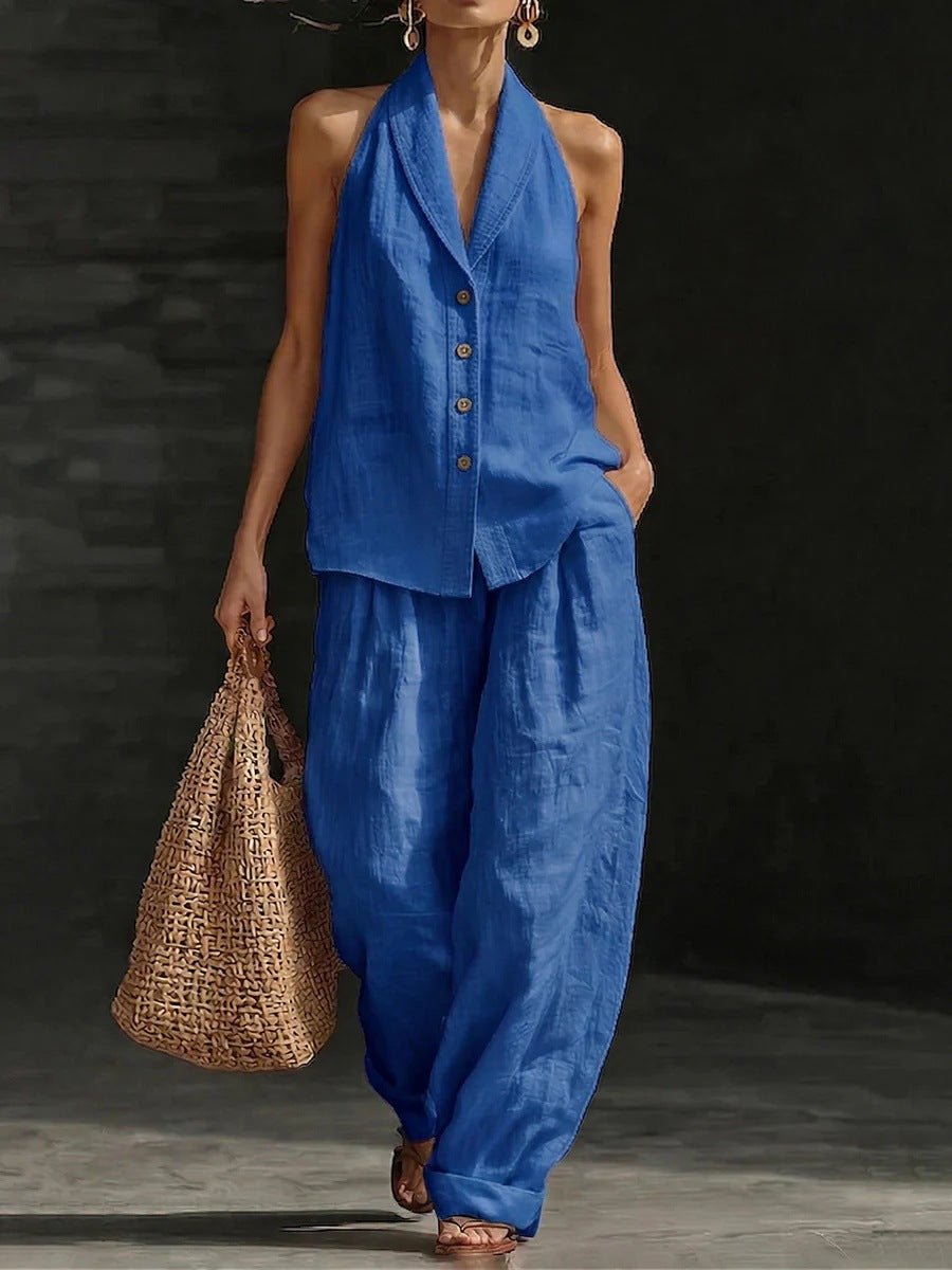 Women's Sleeveless Vest & Wide-Leg Pants Cotton-Linen Two-Piece Set Blue