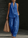 Women's Sleeveless Vest & Wide-Leg Pants Cotton-Linen Two-Piece Set Blue