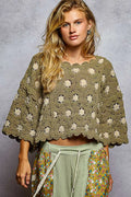 POL Contrast Crochet Cropped Knit Top OLIVE ALMOND One Size