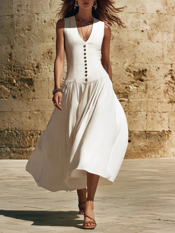 Sleeveless V-Neck Button Dress – Elegant Cotton-Linen Maxi Dress Beige