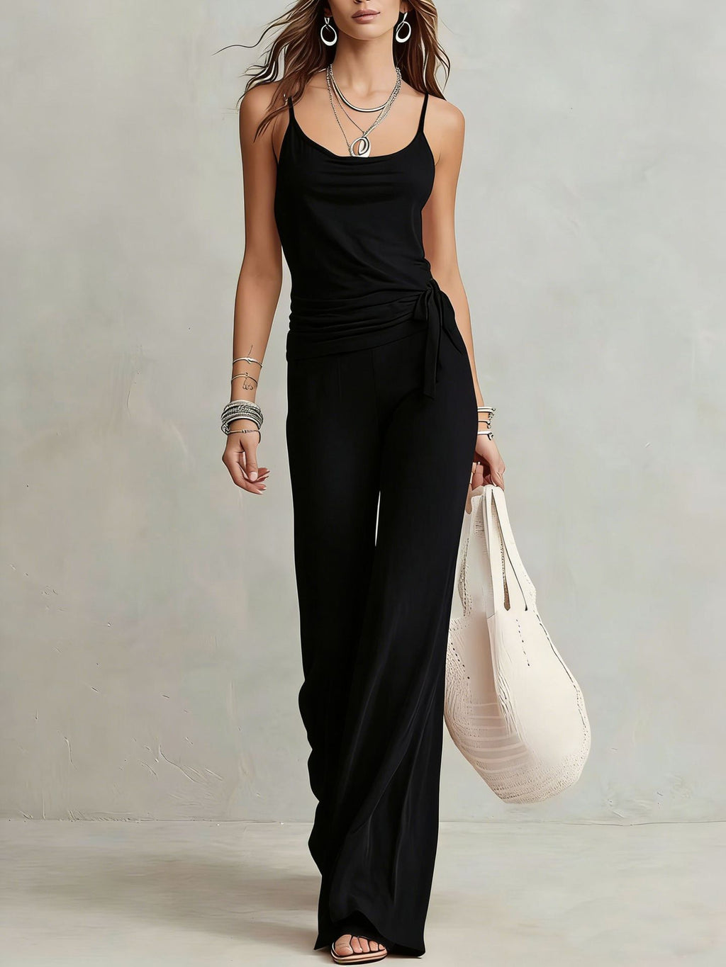 Women's Solid Color Sleeveless Top & Pants Two-Piece Set Black