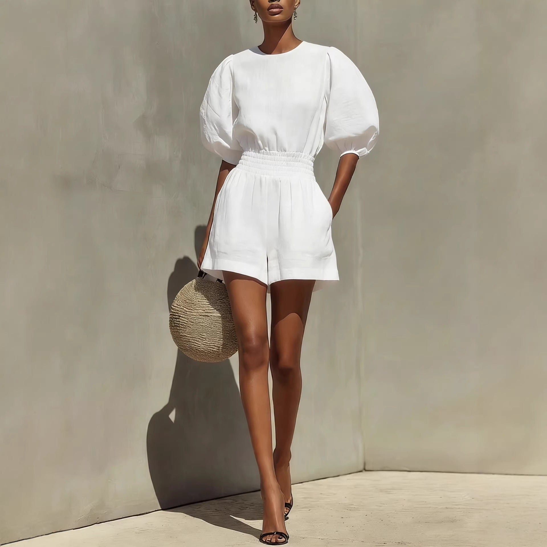 Women's Puff-Sleeve Top & Cropped Shorts Set – Casual Chic White