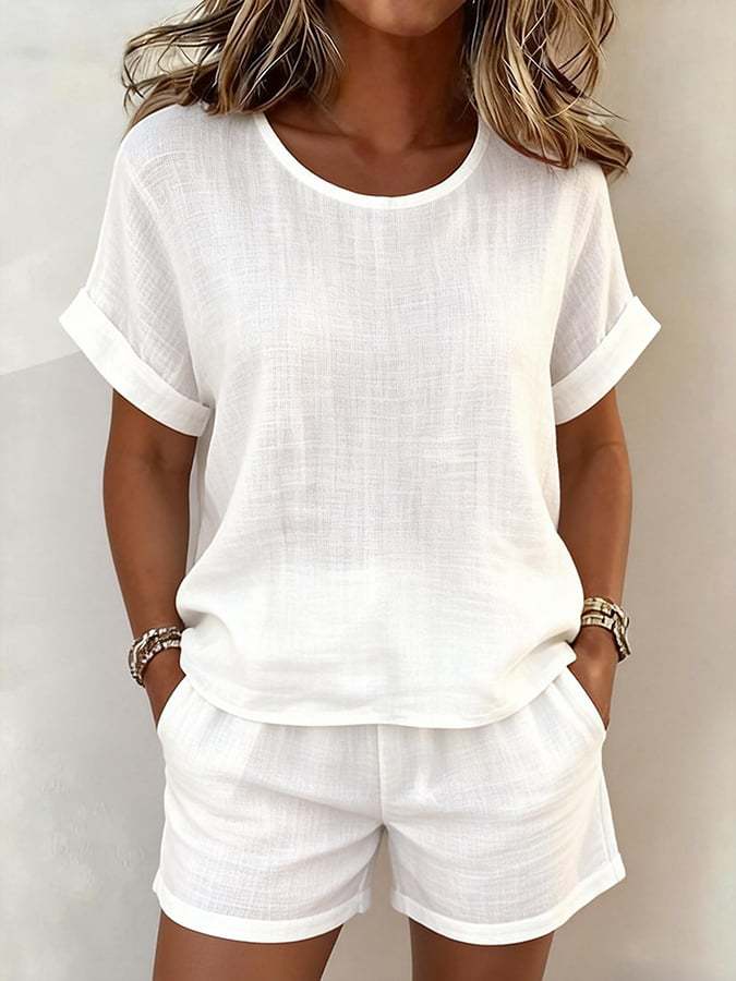 Solid-Color T-Shirt & Shorts Set – Cotton Linen, 10 Colors White