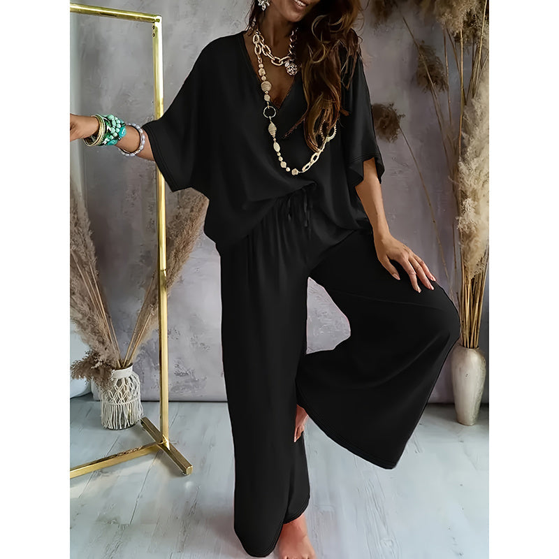 Women’s Lounge Set with Wide Leg Pant Black