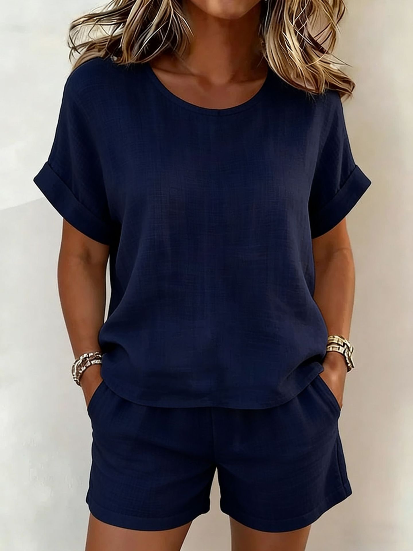 Solid-Color T-Shirt & Shorts Set – Cotton Linen, 10 Colors Navy Blue