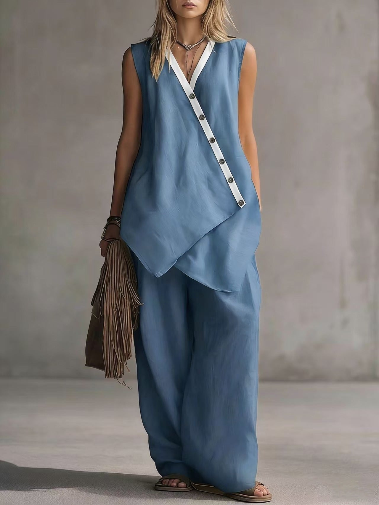 Women's Boho V-Neck Button Vest & Wide-Leg Pants Set Blue