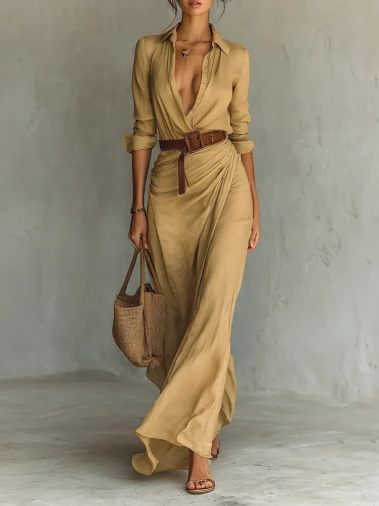Women's Irregular Pleated Midi Dress – Elegant High-Waist Long Sleeve Khaki (No Belt)