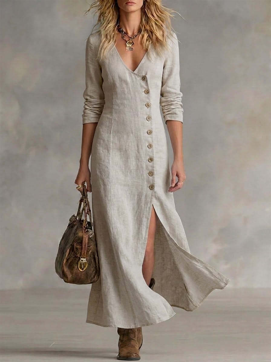 Casual Cotton Linen Long Sleeve Women’s Dress Khaki
