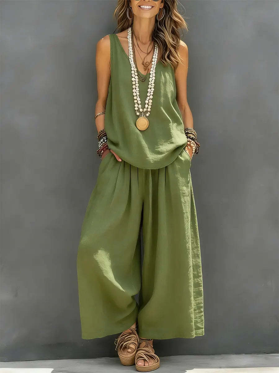 Women’s Cotton Linen Sleeveless Tank Top and Wide-Leg Pants Set Green