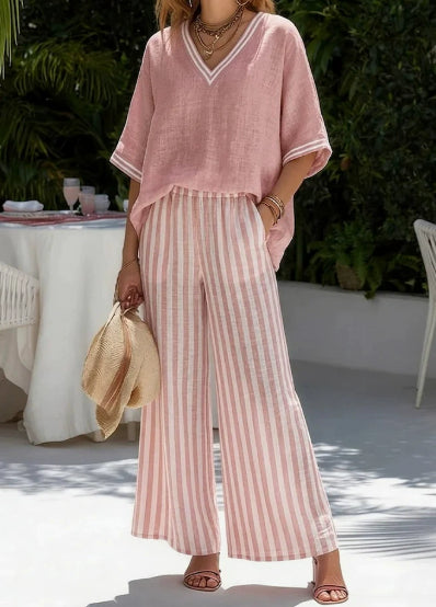 Women's Striped Tunic Top & Casual Trousers Two-Piece Set Pink
