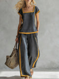 Women’s Square Neck Short Sleeve Two Piece Pants Set Gray