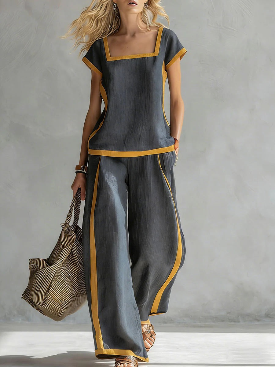 Women’s Square Neck Short Sleeve Two Piece Pants Set Gray