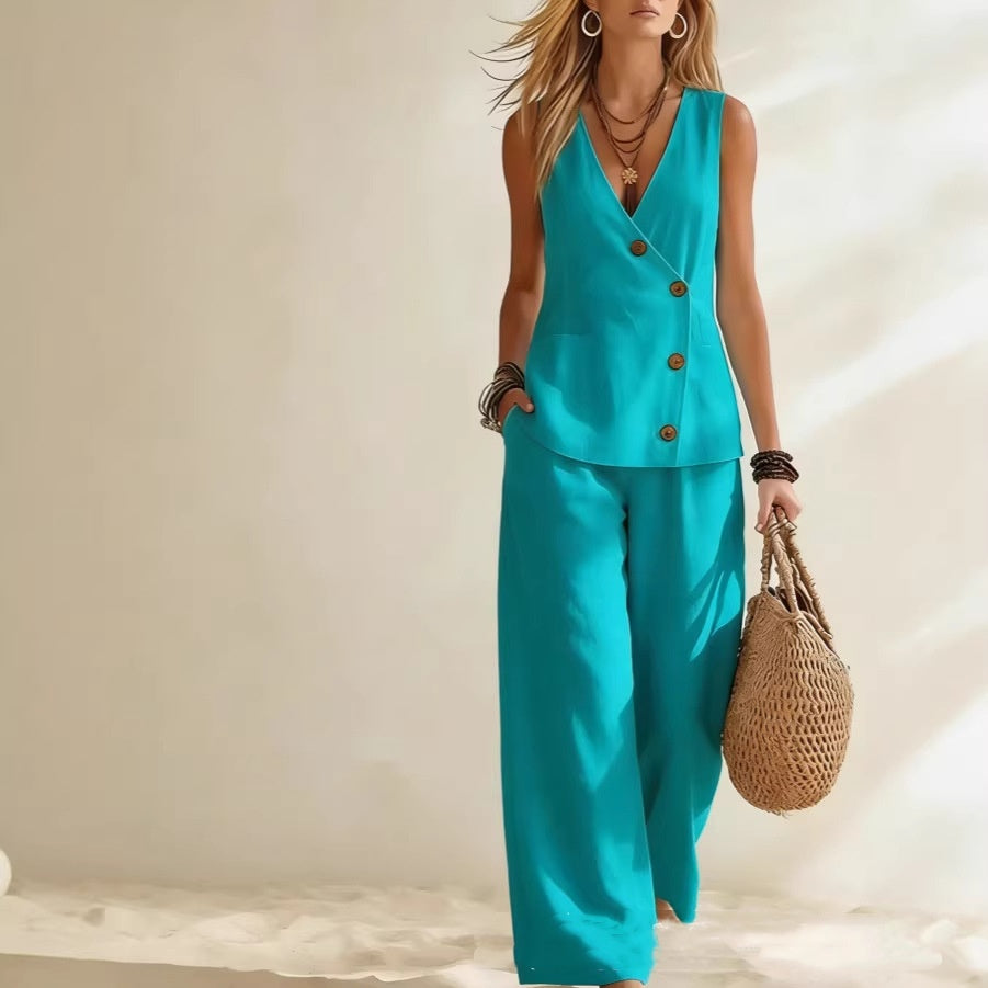 Women's Button-Up Cardigan Vest & Pants Set – Sleeveless Two-Piece Cyan