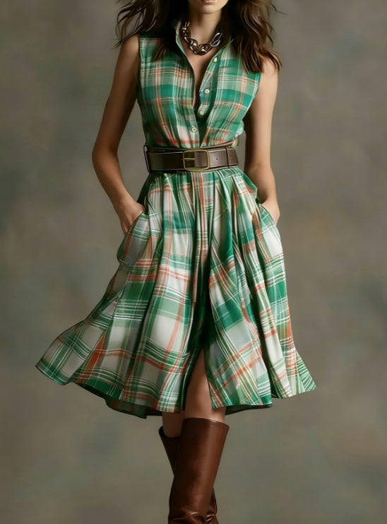 Women's Plaid Collared Sleeveless Fitted Waist Dress Green (No belt)