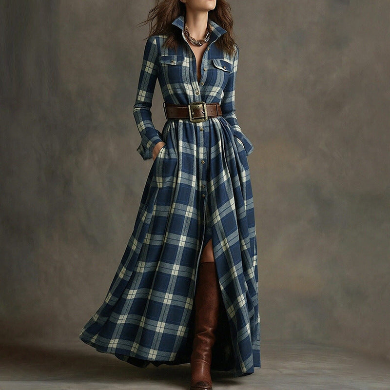 Women's Printed Lapel Slim-Fit Dress – Elegant Commuter Style Blue