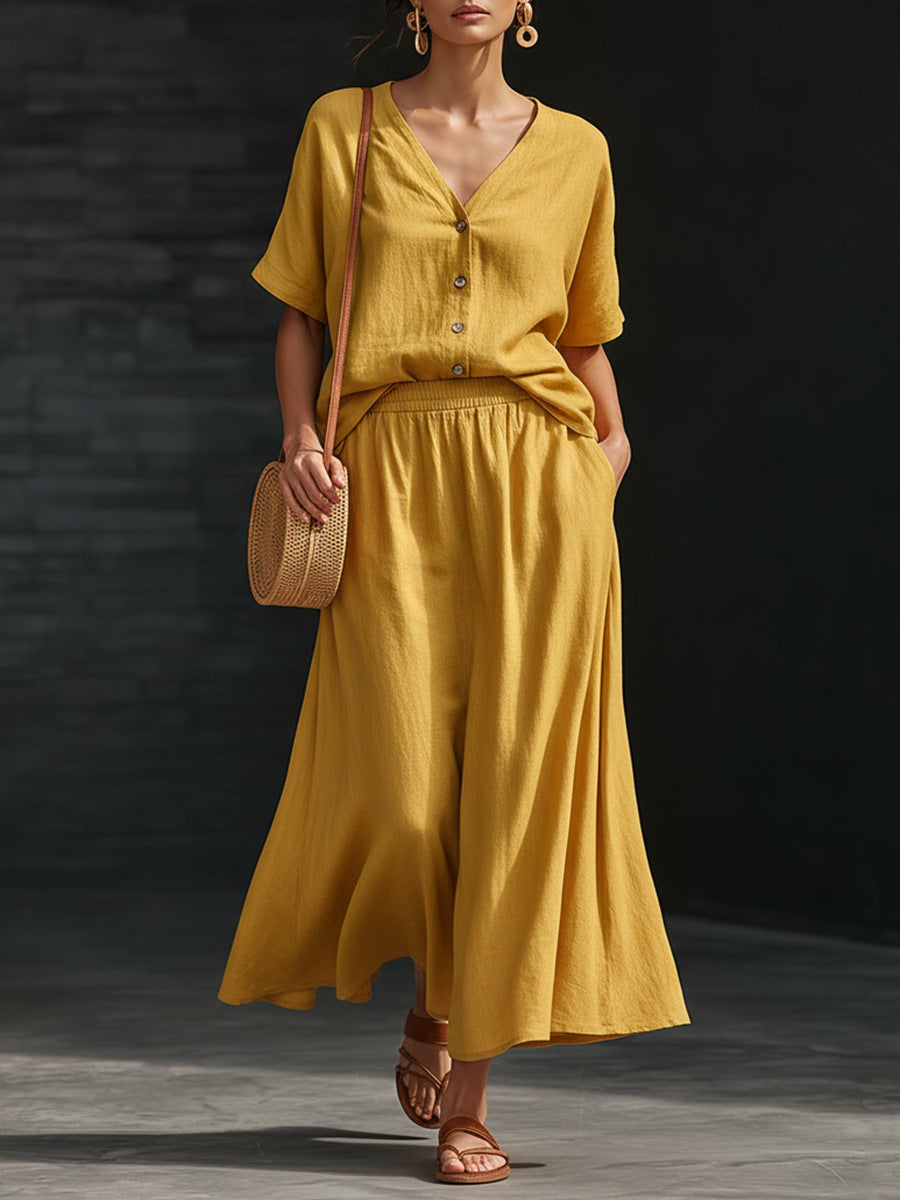 Women's Cotton-Linen V-Neck Button-Up Top & Long Skirt Set Yellow