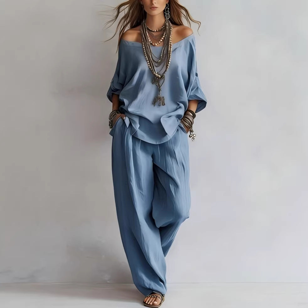Chiffon Puff-Sleeve Top & Wide-Leg Pants Set – 15 Colors Haze Blue