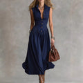 Sleeveless V-Neck Button Maxi Dress Dark Blue
