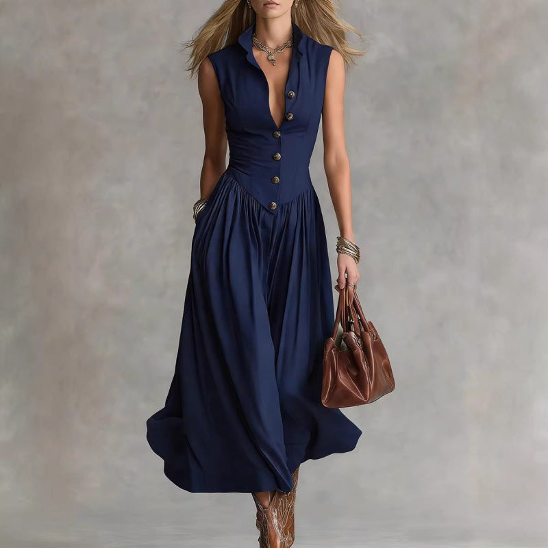 Sleeveless V-Neck Button Maxi Dress Dark Blue
