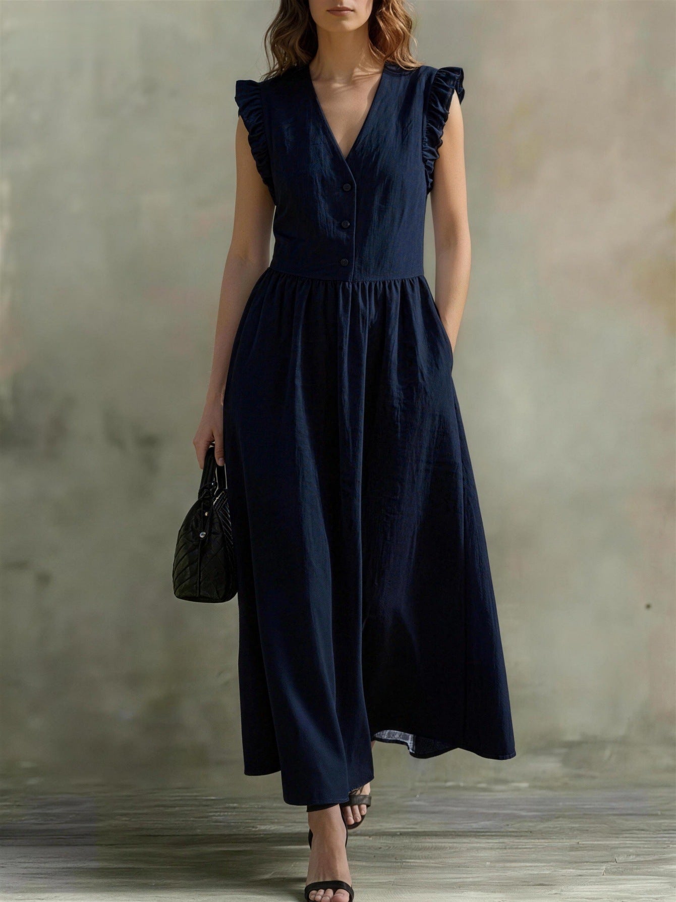 V-Neck Puff-Sleeve Dress with Pockets – Cotton Linen, 7 Colors Navy Blue