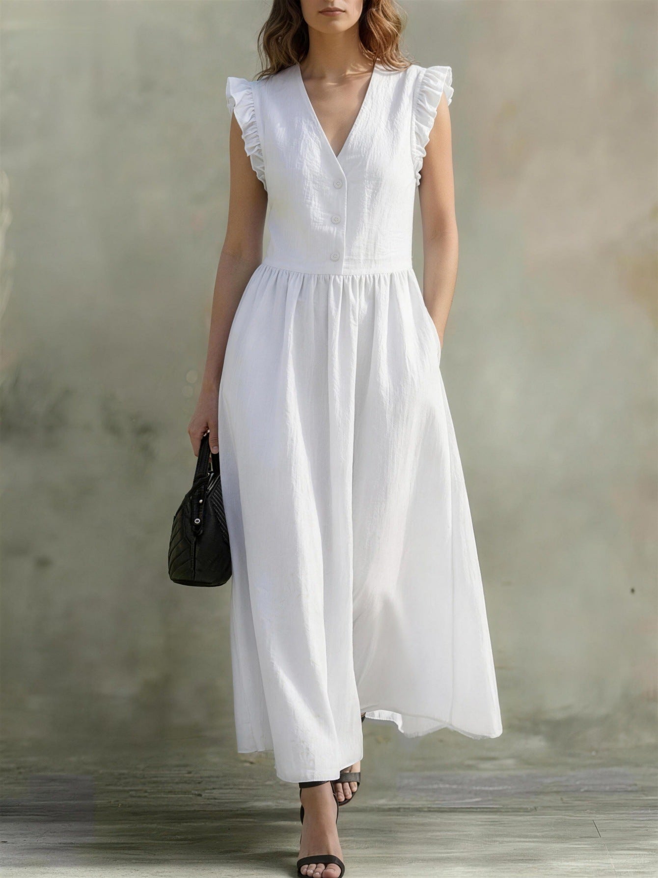 V-Neck Puff-Sleeve Dress with Pockets – Cotton Linen, 7 Colors White