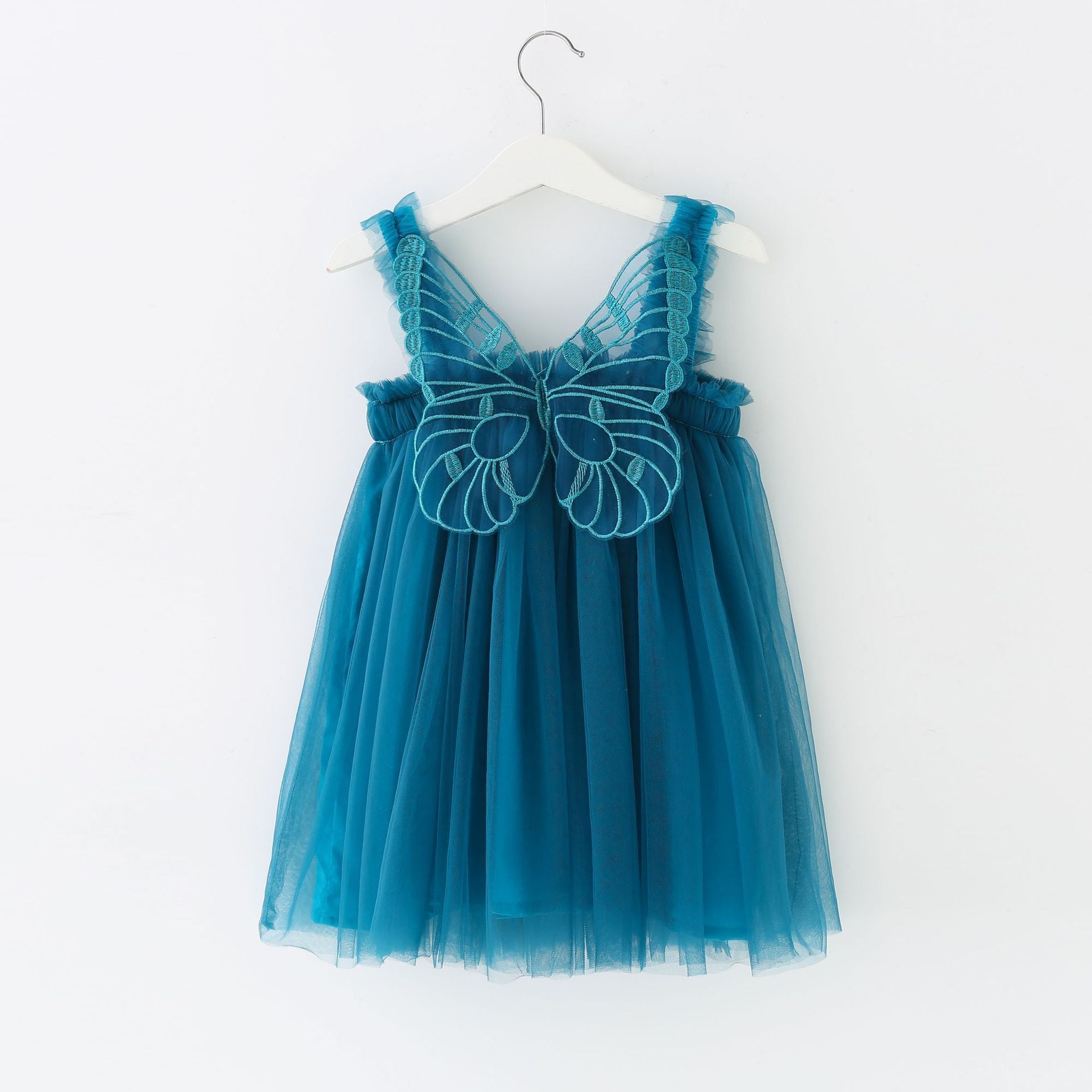 Children's Mesh Dress Sling Birthday Dress Pettiskirt Three-dimensional Angel Wings Fairy Fashionable Skirt Peacock Blue