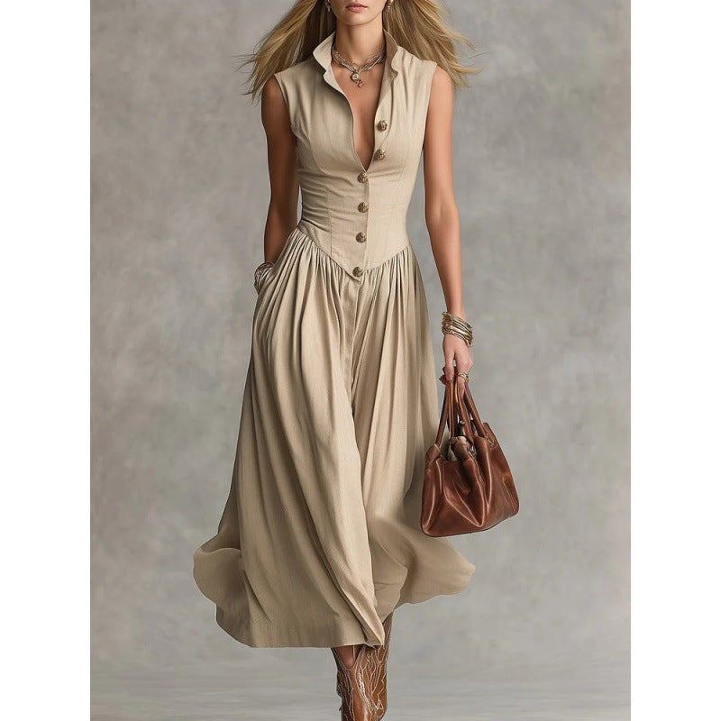 Women's Sleeveless Lapel Collar Maxi Dress – Slim Fit Patchwork Khaki