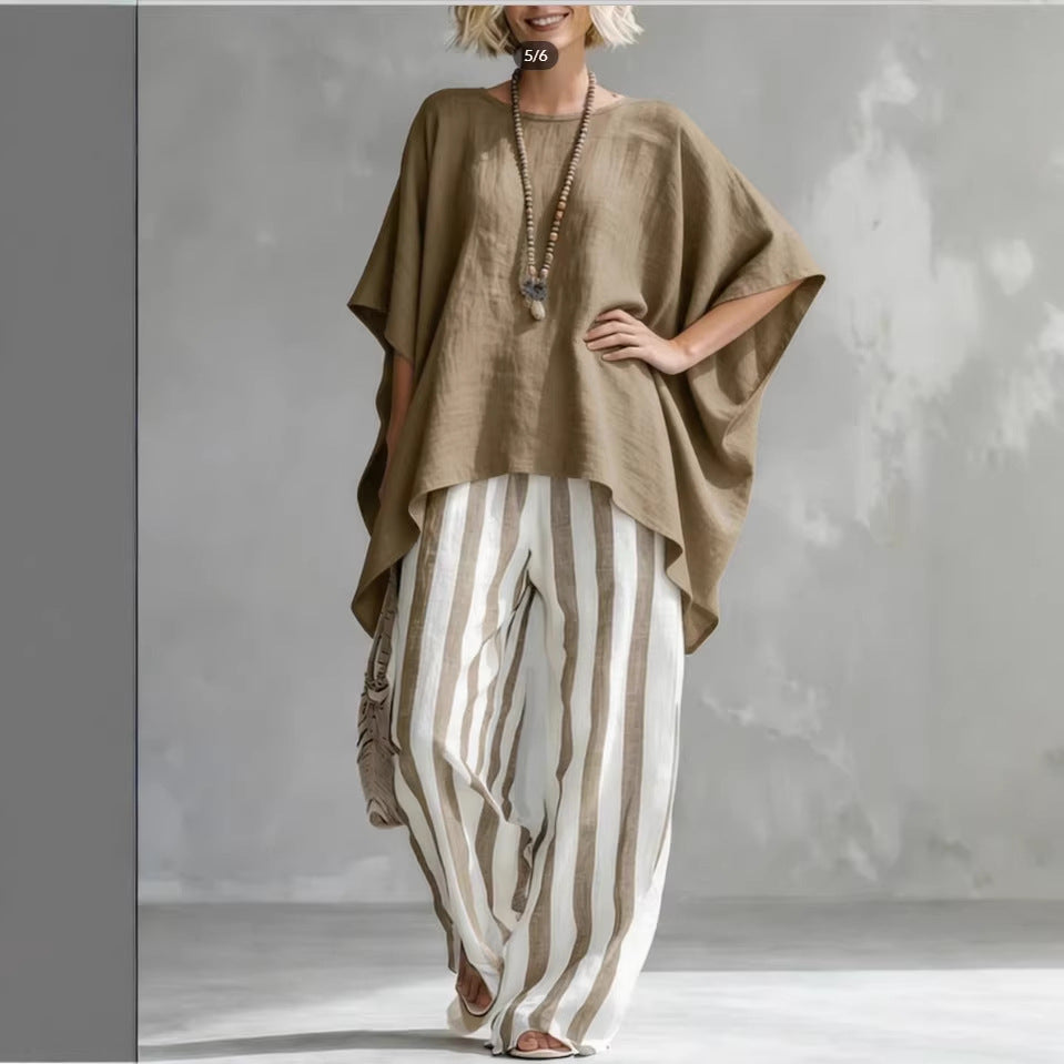Women's Striped Batwing-Sleeve Loose Linen Two-Piece Set Khaki