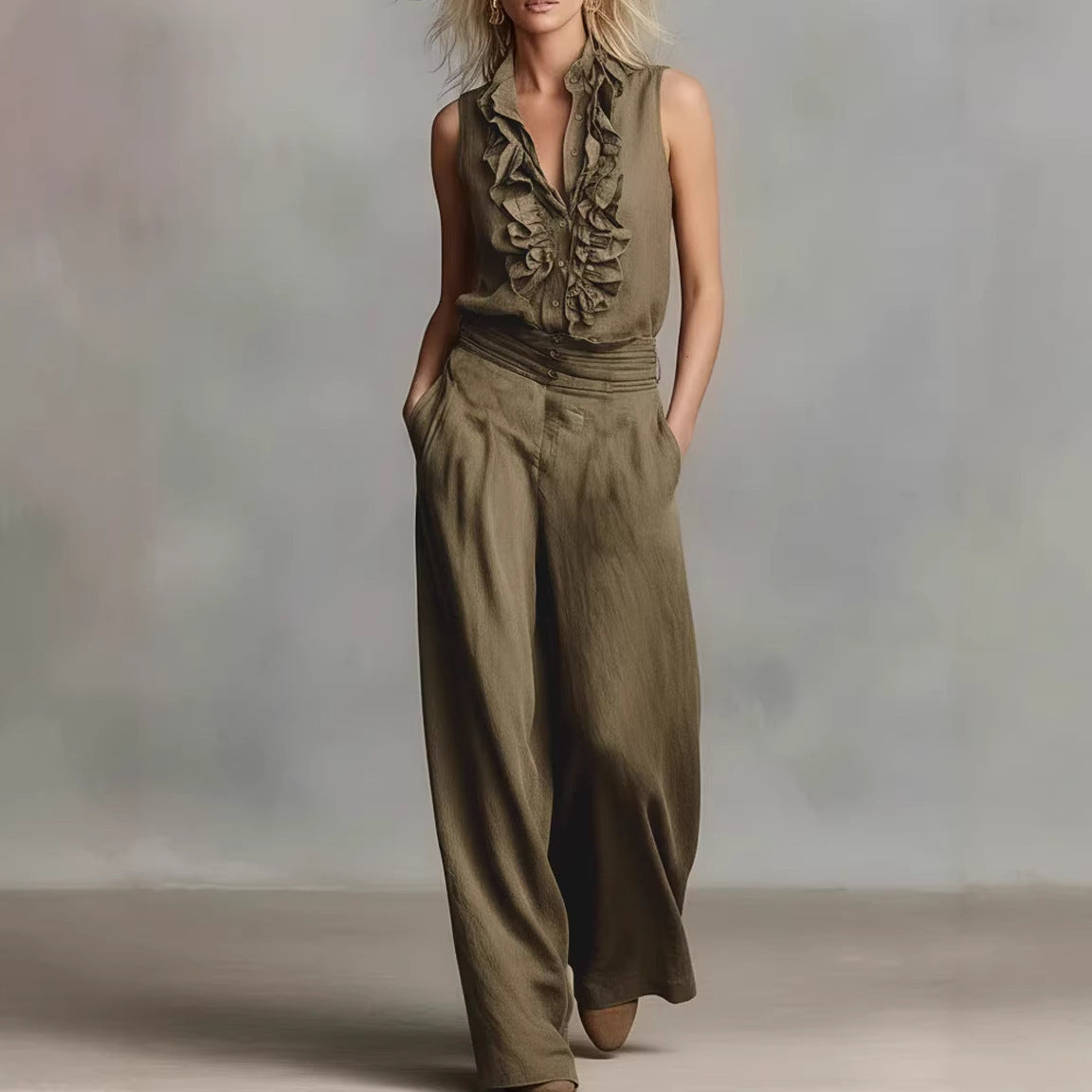 Women’s Linen Blend Two-Piece Set – Sleeveless Shirt & Wide-Leg Pants Olive