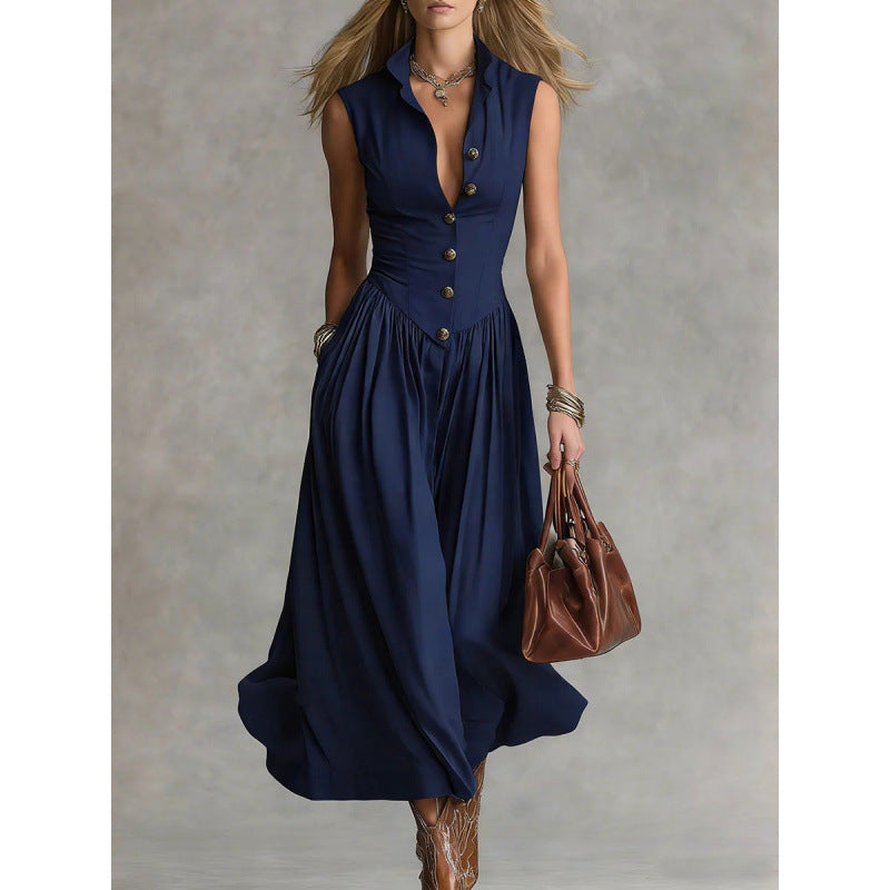 Women's Sleeveless Lapel Collar Maxi Dress – Slim Fit Patchwork Dark Blue