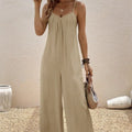 Women’s Casual Suspender Jumpsuit – V-Neck Solid Color Sleeveless One-Piece Khaki