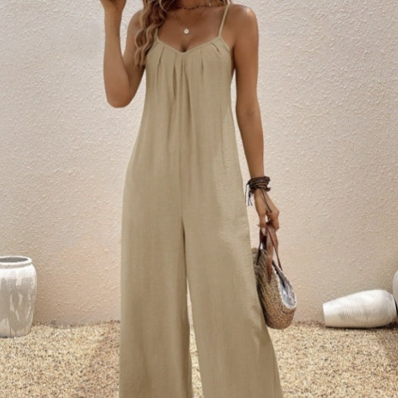 Women’s Casual Suspender Jumpsuit – V-Neck Solid Color Sleeveless One-Piece Khaki