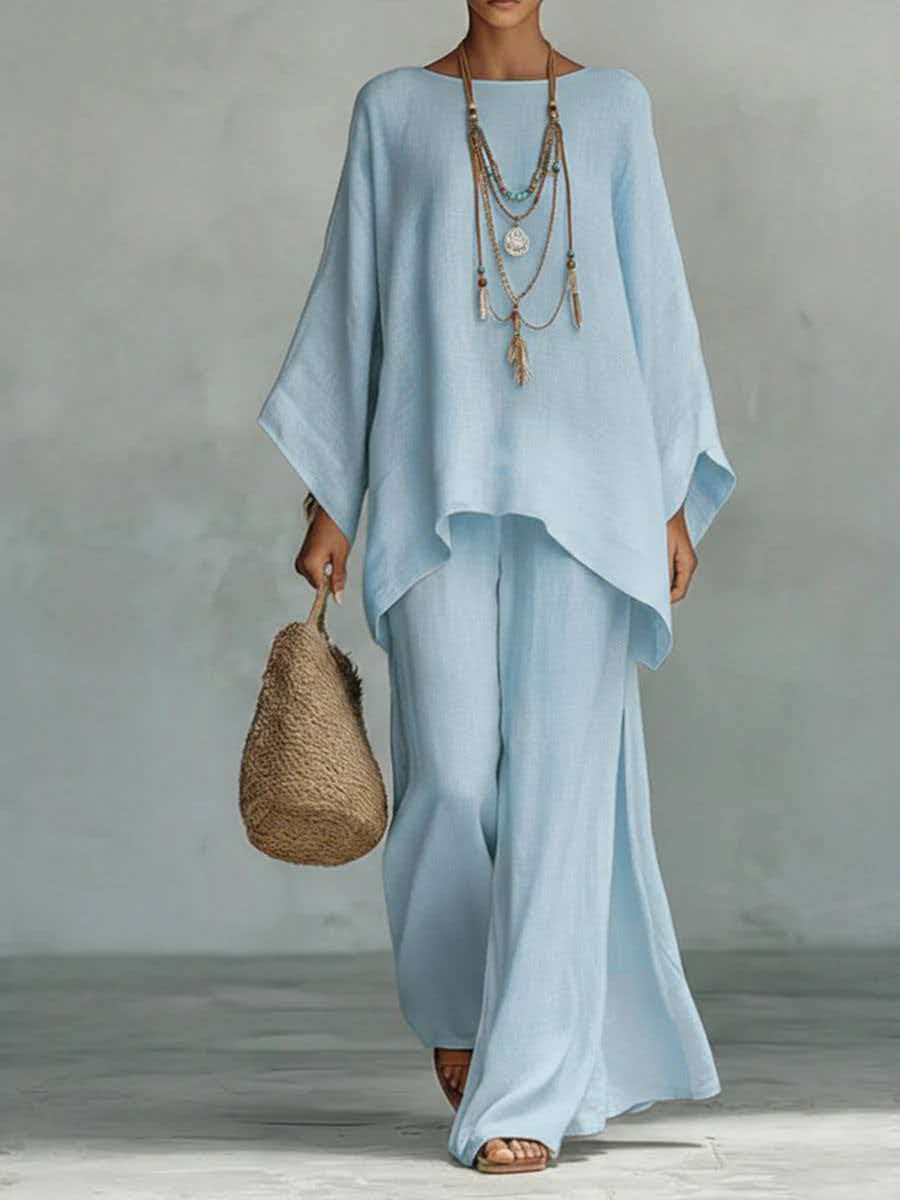 Women’s Printed Crew Neck Long Sleeve Two Piece Set Light Blue