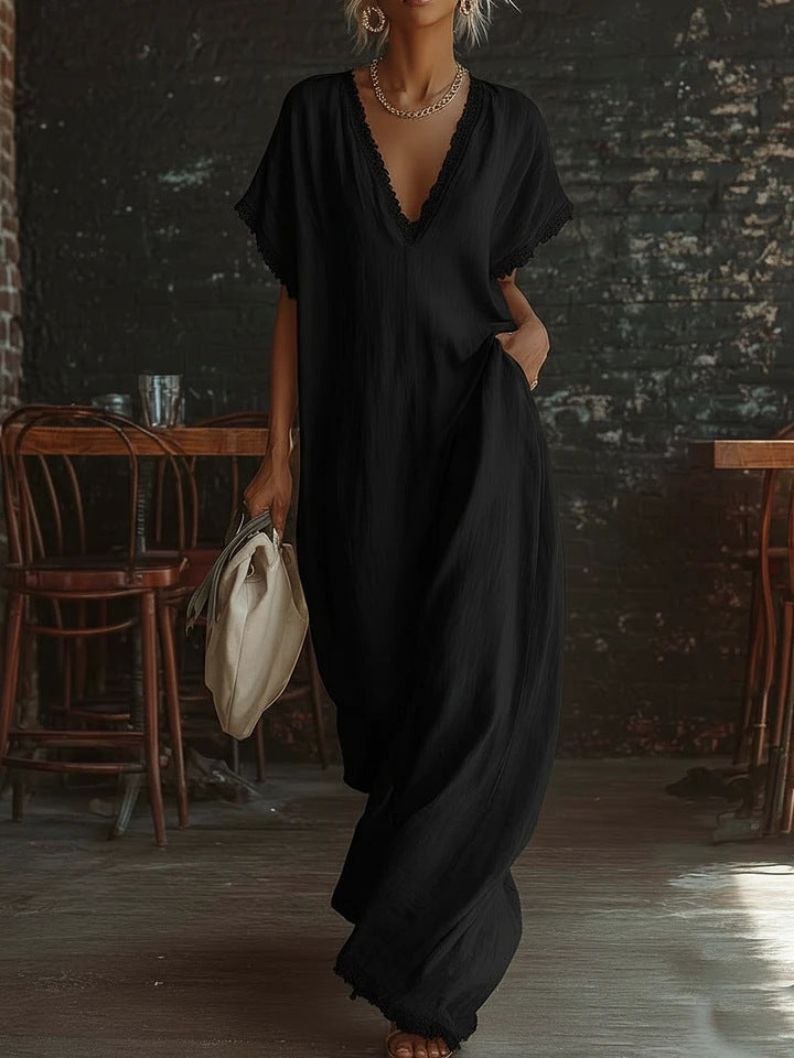 Lace-Trimmed Loose Linen Cotton Long Dress for Women Black