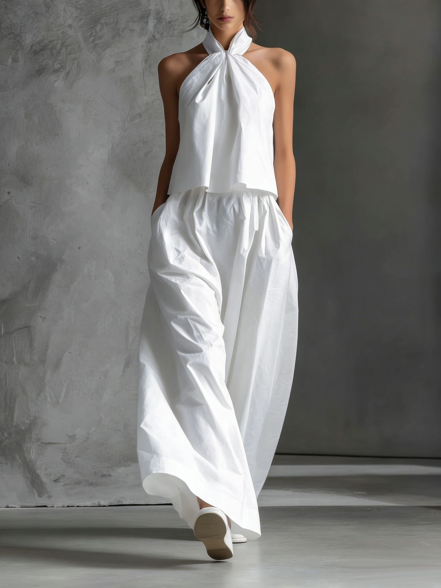 Loose-Fitting Sleeveless Top and Wide-Leg Pants Two-Piece Set. White