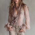 Women's Lace Flared Sleeve Fake Two-Piece Knotted Top Pink