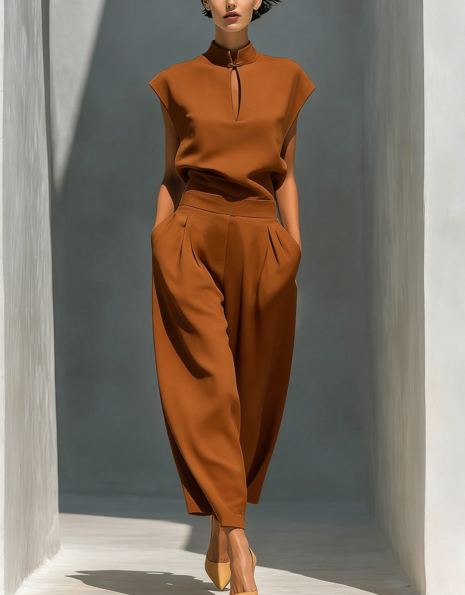 Women's Chinese-Style Satin Short-Sleeve Top & Pants Set Chocolate