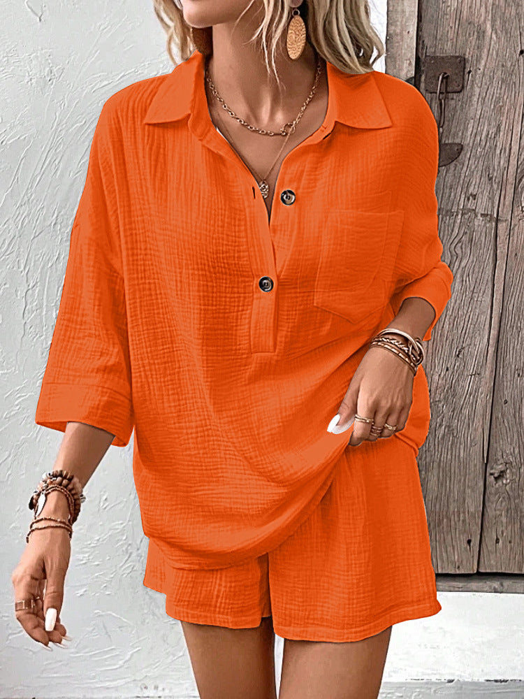 Women's Lapel Collar Double-Panel Shirt & Shorts Two-Piece Set Orange Red
