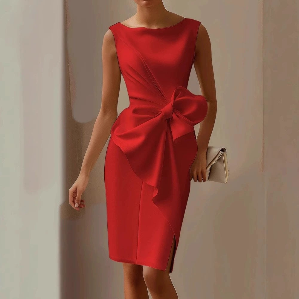 Women's Bow-Knot Sleeveless Midi Dress – High Waist A-Line Red